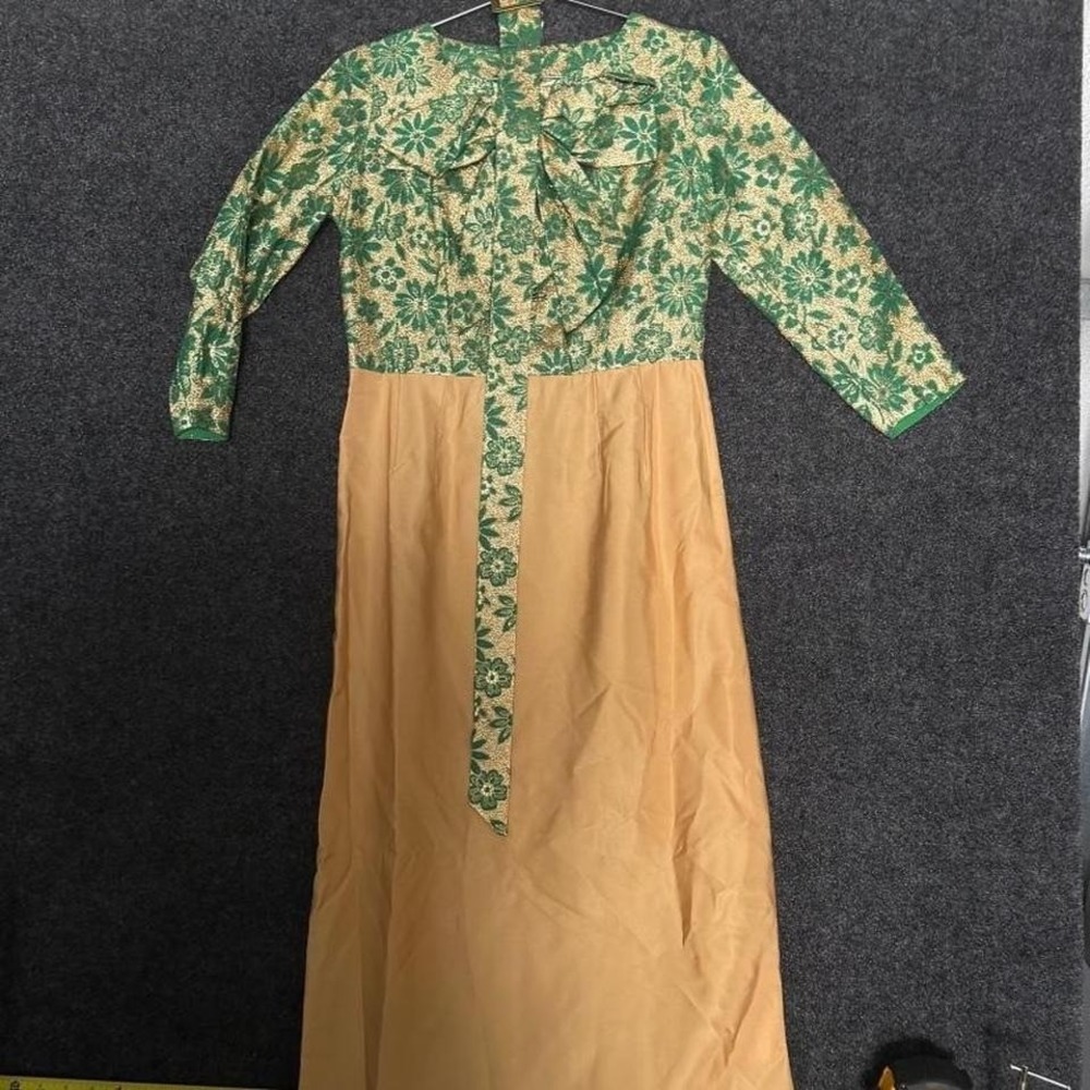 Vintage Green Gold Floral Brocade Maxi Dress Women's M Bow Mod Formal Gown